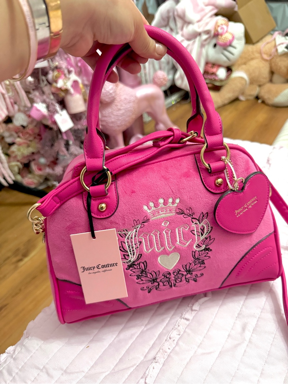 Juicy Couture Vibrant Pink Velvet Satchel with Heart Charm